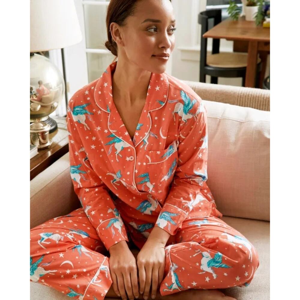 Print Fresh Moon Flight Pegasus Winged Horse Long Sleeve Pajama Set Large Coral - Picture 2 of 16